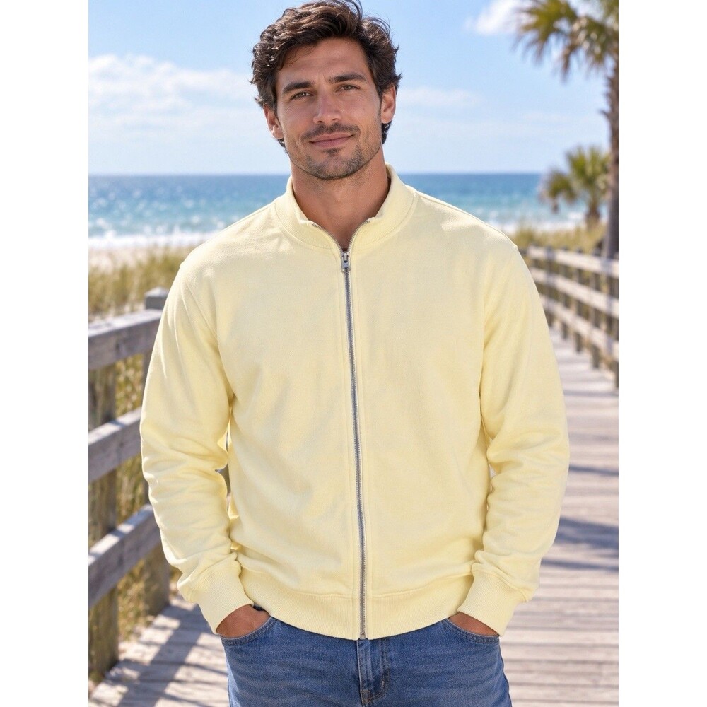 Caribbean Joe Full Zip Sweatshirt Yellow Cotton Mock Neck Ribbed Trim  Unisex L